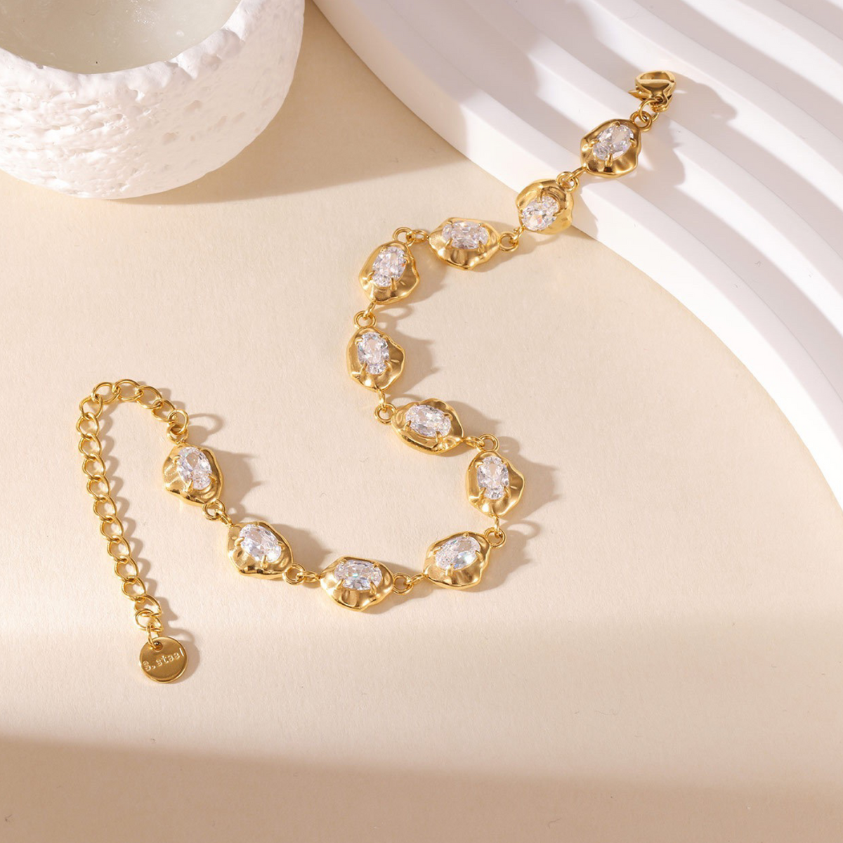 Raqdennia 18K Gold Plated Teardrop Link Bracelet with Simulated Diamonds Daily Wear Jewelry Gift on Birthday Anniversary Christmas Valentines’ Day Mother’s Day