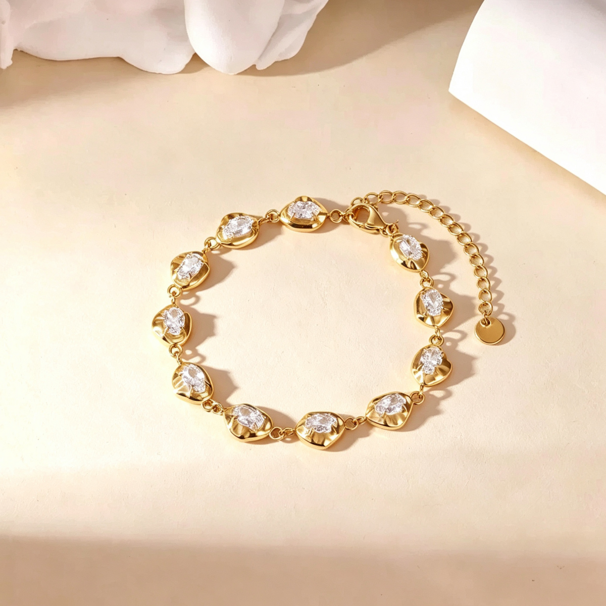 Raqdennia 18K Gold Plated Teardrop Link Bracelet with Simulated Diamonds Daily Wear Jewelry Gift on Birthday Anniversary Christmas Valentines’ Day Mother’s Day