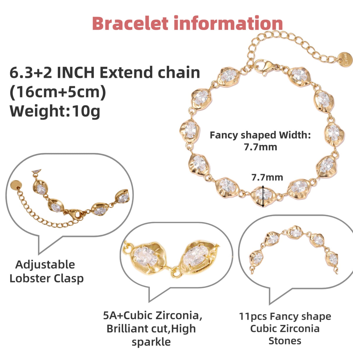 Raqdennia 18K Gold Plated Teardrop Link Bracelet with Simulated Diamonds Daily Wear Jewelry Gift on Birthday Anniversary Christmas Valentines’ Day Mother’s Day