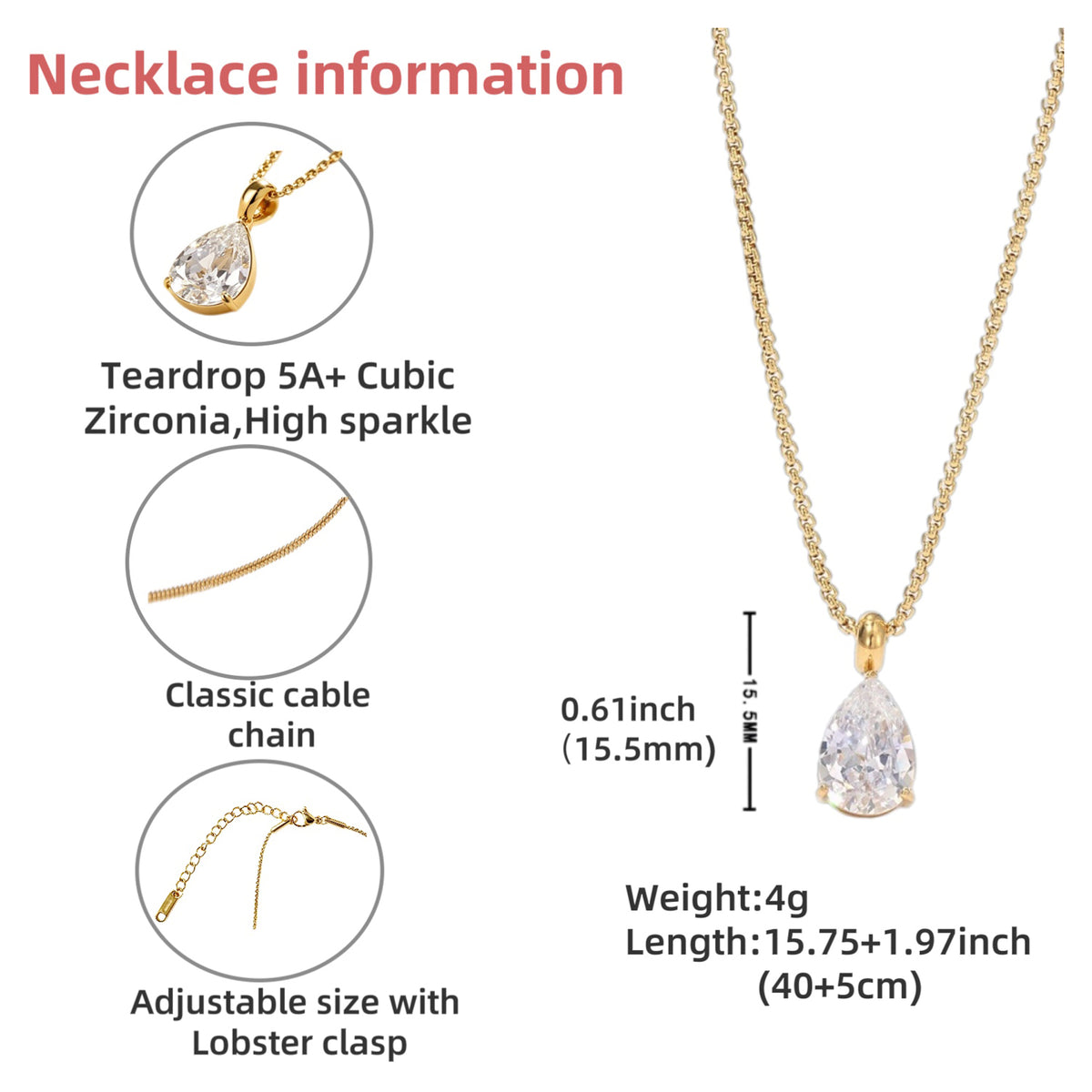 Raqdennia 18K Gold Plated Teardrop Pendant Necklace with Simulated Diamonds Daily Wear Jewelry Gift on Birthday Anniversary Christmas Valentines’ Day Mother’s Day