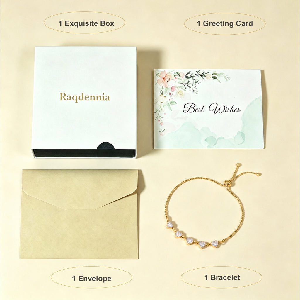 Raqdennia Adjustable 5 Hearts Bracelet with Simulated Diamonds Daily Wear Jewelry Gift on Birthday Anniversary Christmas Valentines’ Day Mother’s Day