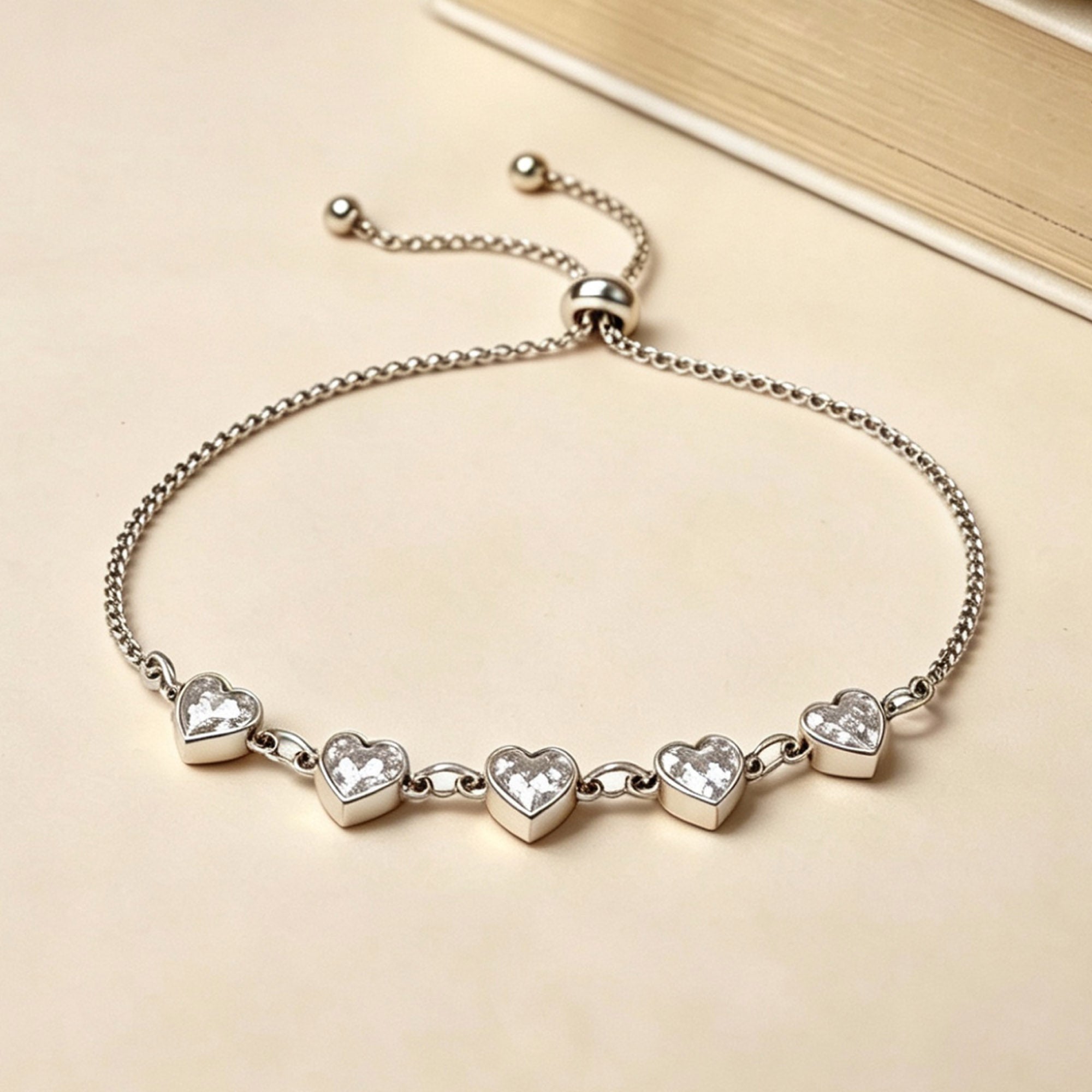 Raqdennia Adjustable 5 Hearts Bracelet with Simulated Diamonds Daily Wear Jewelry Gift on Birthday Anniversary Christmas Valentines’ Day Mother’s Day