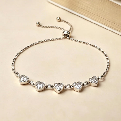Raqdennia Adjustable 5 Hearts Bracelet with Simulated Diamonds Daily Wear Jewelry Gift on Birthday Anniversary Christmas Valentines’ Day Mother’s Day