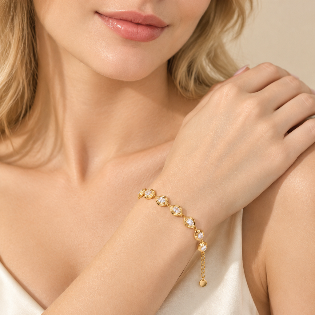 Raqdennia 18K Gold Plated Teardrop Link Bracelet with Simulated Diamonds Daily Wear Jewelry Gift on Birthday Anniversary Christmas Valentines’ Day Mother’s Day