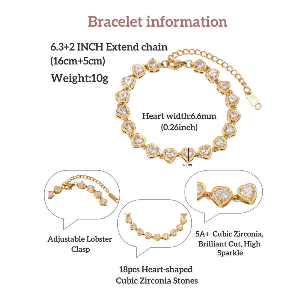 Raqdennia Adjustable Classic Heart Link Bracelet with Simulated Diamonds Daily Wear Jewelry Gift on Birthday Anniversary Christmas Valentines’ Day Mother’s Day